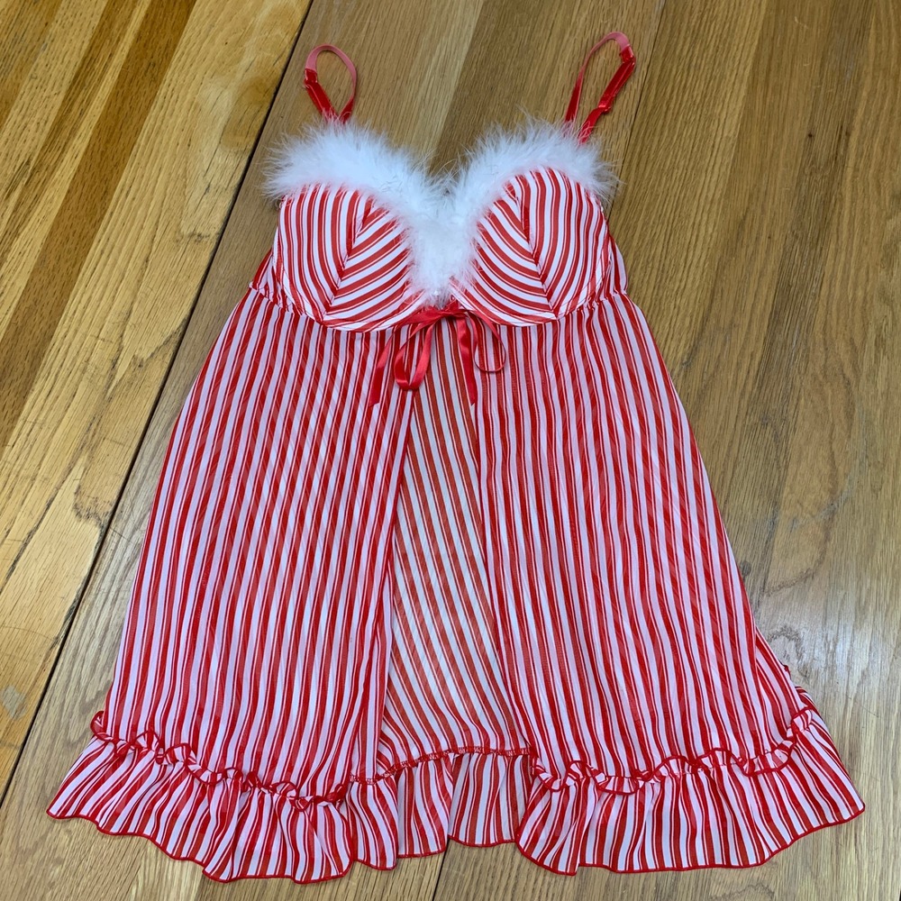 Inner Secrets Red White Striped Candy Cane Holiday Babydoll Lingerie Fur Trim M